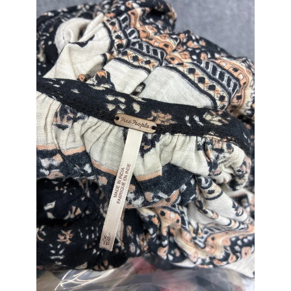 Free People Boho Paisley Floral Mixed Print Scoop Neck Low Puff Sleeve Knit Top